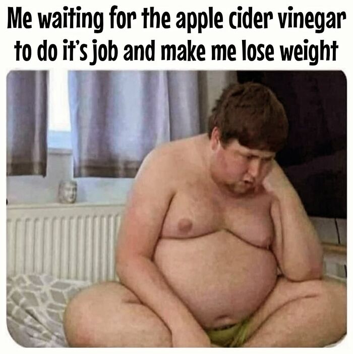 Man sitting on a bed, waiting impatiently with a caption about apple cider vinegar and weight loss frustrations.