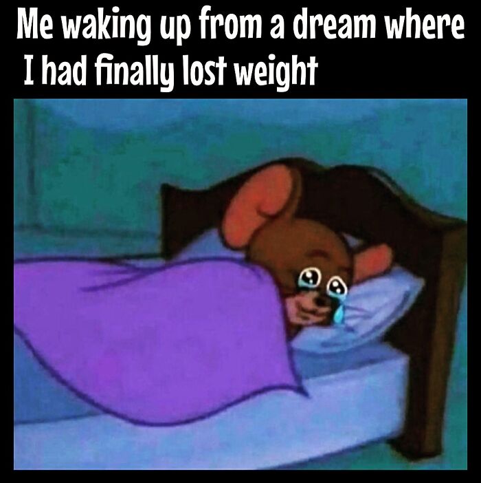 Crying cartoon character in bed, captioned about dieting and weight loss frustrations.