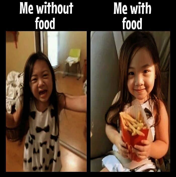 Child expressing emotions about dieting and weight loss in meme, showing reactions without and with food.