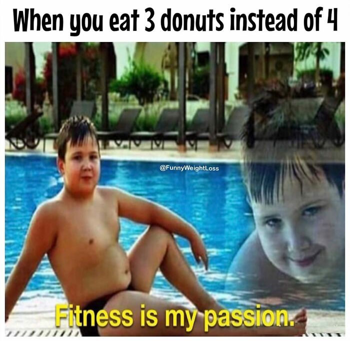 Child sitting by a pool with humorous caption on dieting frustration and weight loss journey.