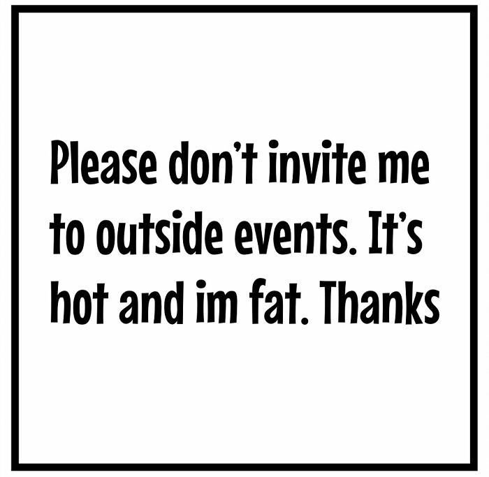 Text meme about dieting frustrations, humorously declining outdoor event invites.