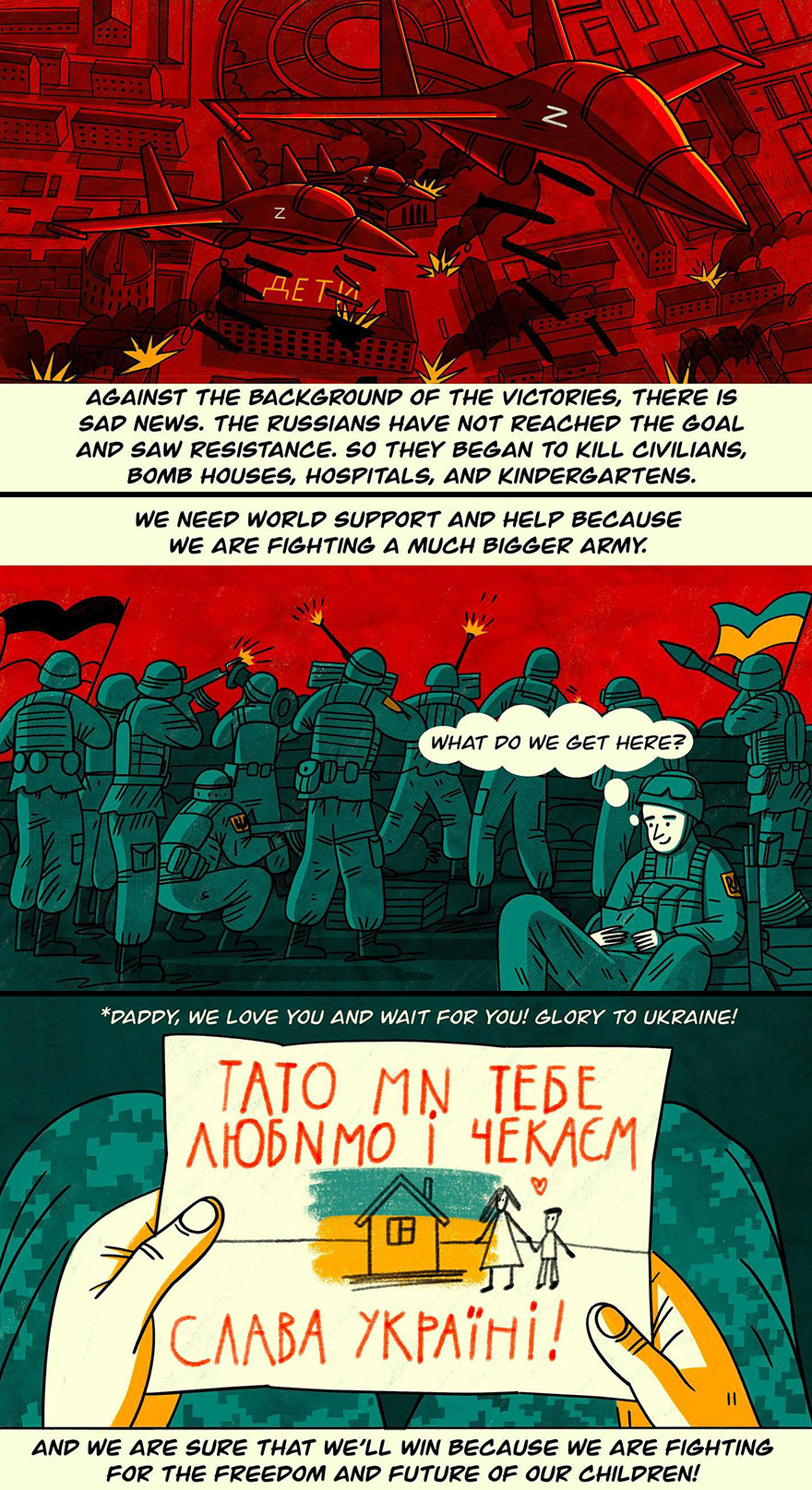 Ukrainian artist's comic depicting war life, with soldiers, jets, and a child's letter for their father.