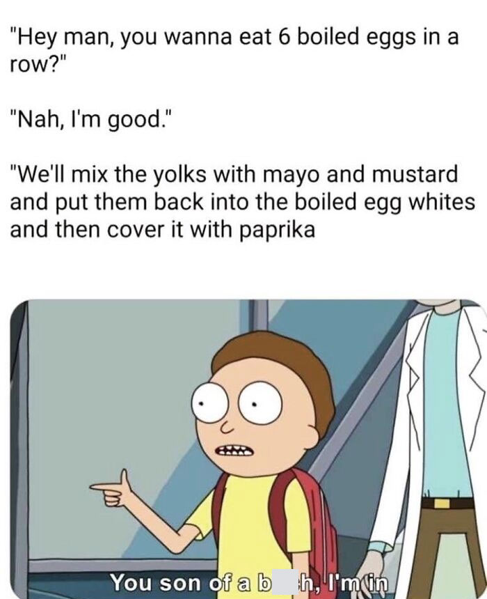 Funny meme featuring a cartoon character engaging in a humorous conversation about eating deviled eggs.