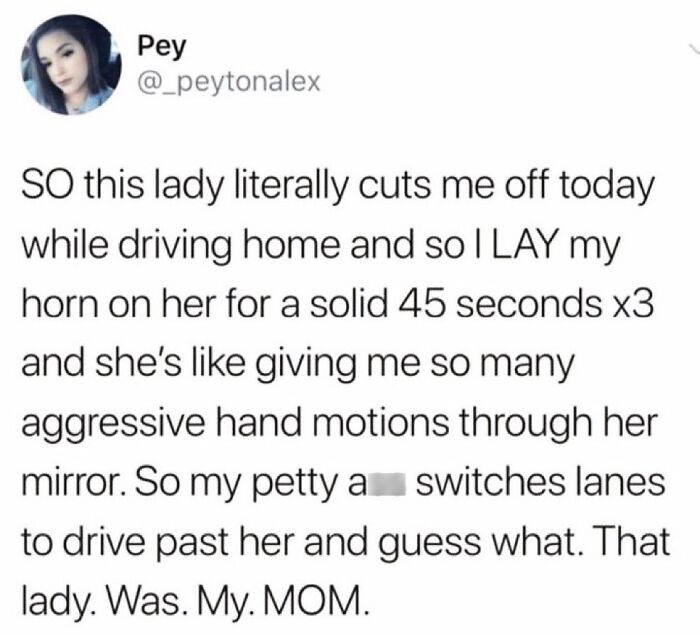 Funny meme about road rage incident with a surprising twist involving the driver's mother.