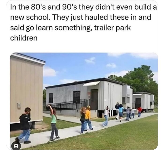 Children walking toward portable classrooms, humorously highlighting school conditions in a funny meme.