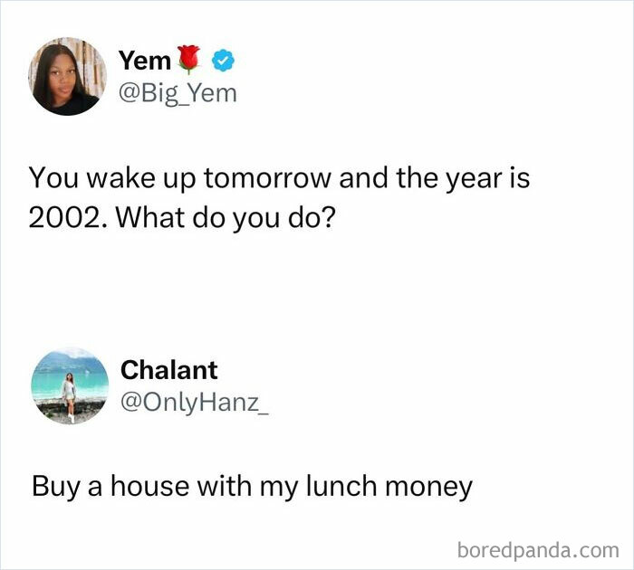 Funny meme about buying a house in 2002 with lunch money.