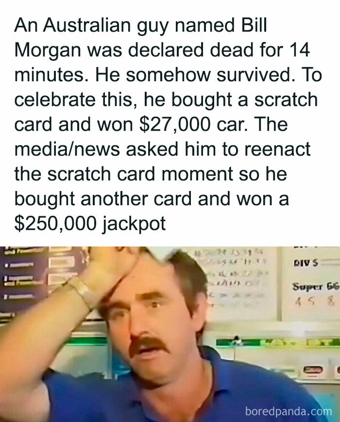 Man celebrating scratch card win, humorous meme story about luck, enhancing self-expression through laughter.