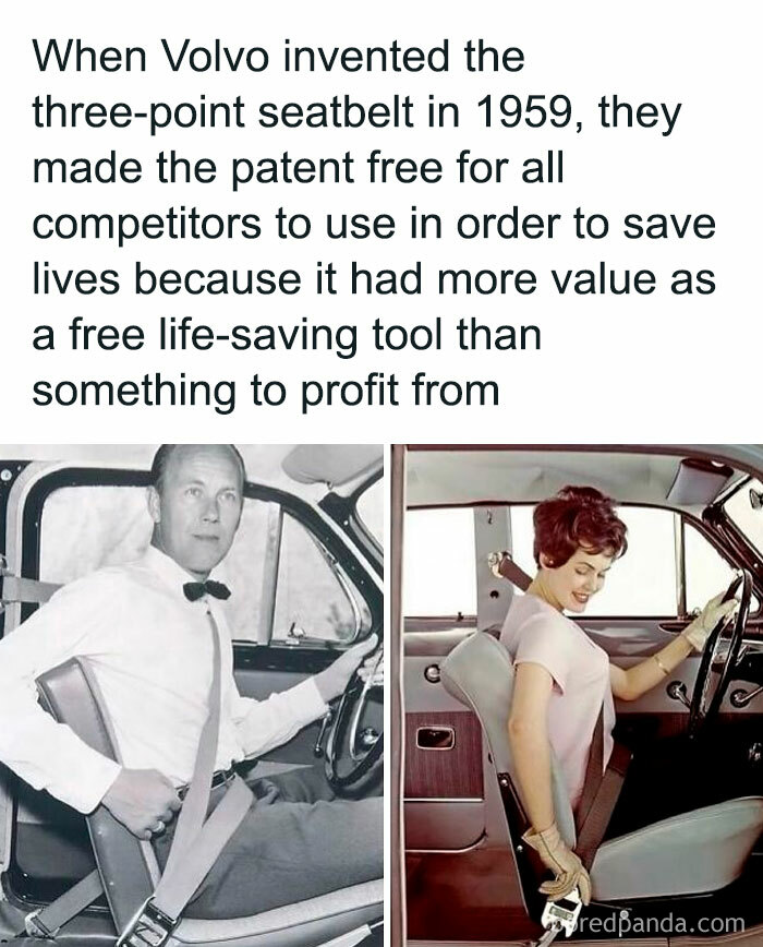 Two people in vintage cars demonstrating the use of a three-point seatbelt, highlighting humorous innovation.