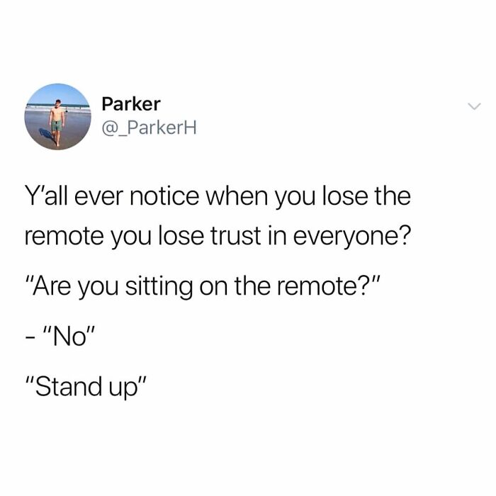 Funny meme about losing trust and the remote with a humorous exchange about sitting on it.