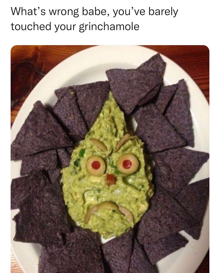 Grinch-shaped guacamole meme with purple tortilla chips, a funny way to express feelings.