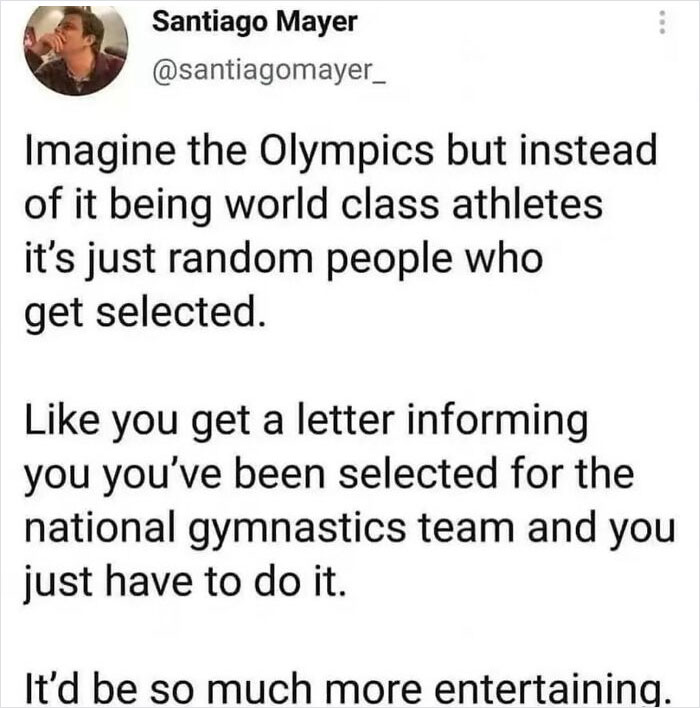 Text meme about random people in the Olympics, adding humor to express feelings.