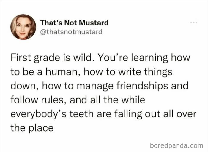 Funny meme about the chaos of first grade, by user @thatsnotmustard on social media.