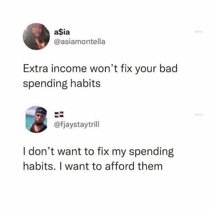 Two social media posts in a funny meme exchange about spending habits.