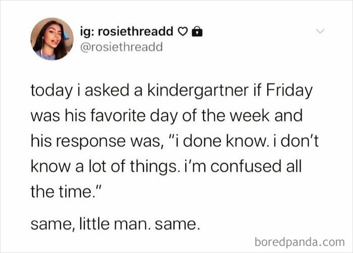 Text meme with funny kid response about confusion over favorite day of the week.