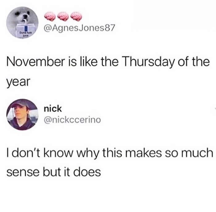 Funny meme comparing November to Thursday, with users expressing agreement humorously.