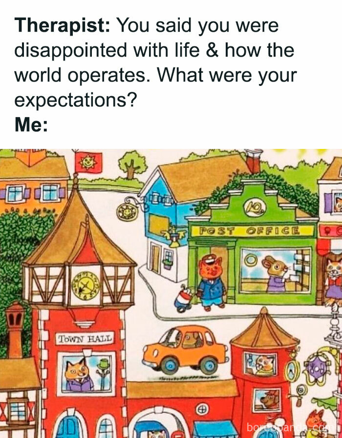 Hilarious meme of a colorful town illustration with a humorous therapist prompt about personal expectations.