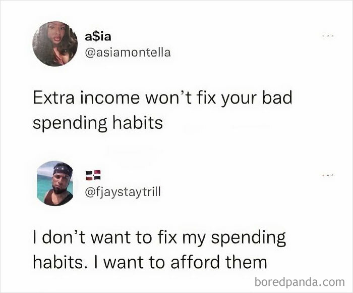 Two social media posts in a funny meme exchange about spending habits.