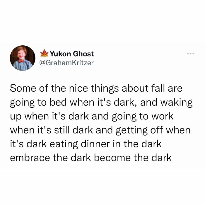 Funny meme about fall describing the darkness of the season with humor.