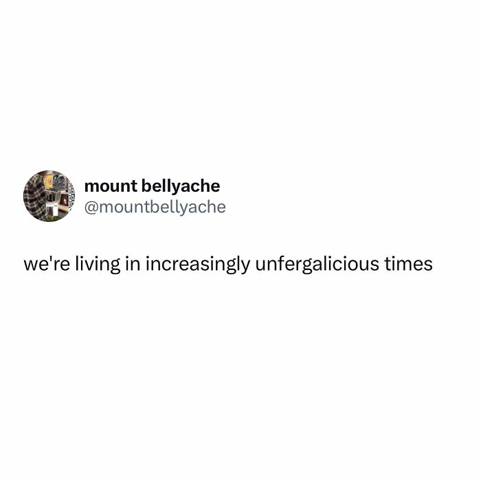 Funny meme text: "we're living in increasingly unfergalicious times" by mount bellyache.