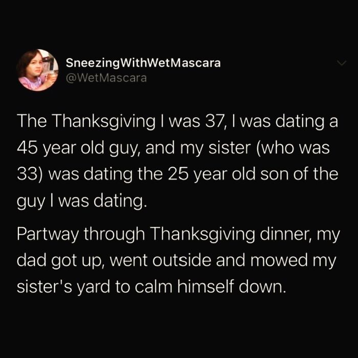 Funny meme text about a chaotic Thanksgiving dating scenario with family reactions.