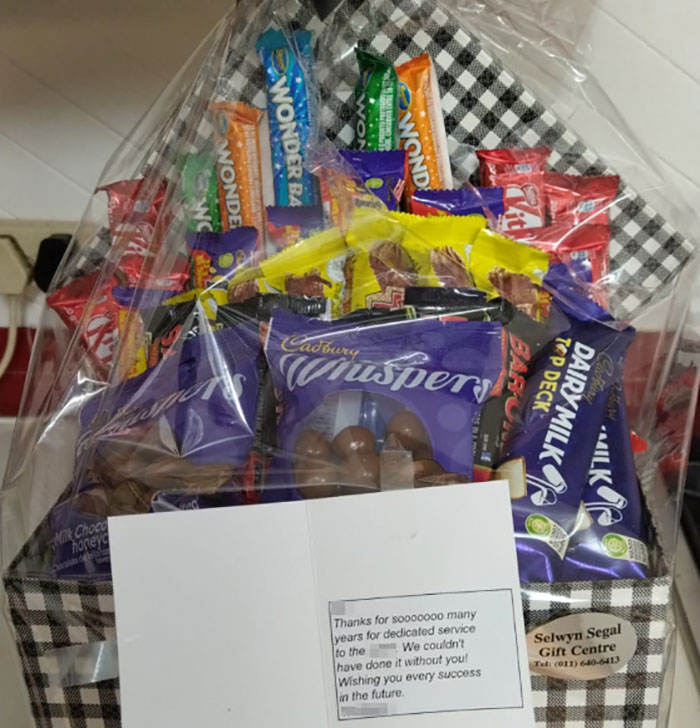 Gift basket with assorted chocolates, showcasing appreciation from good-funny bosses.