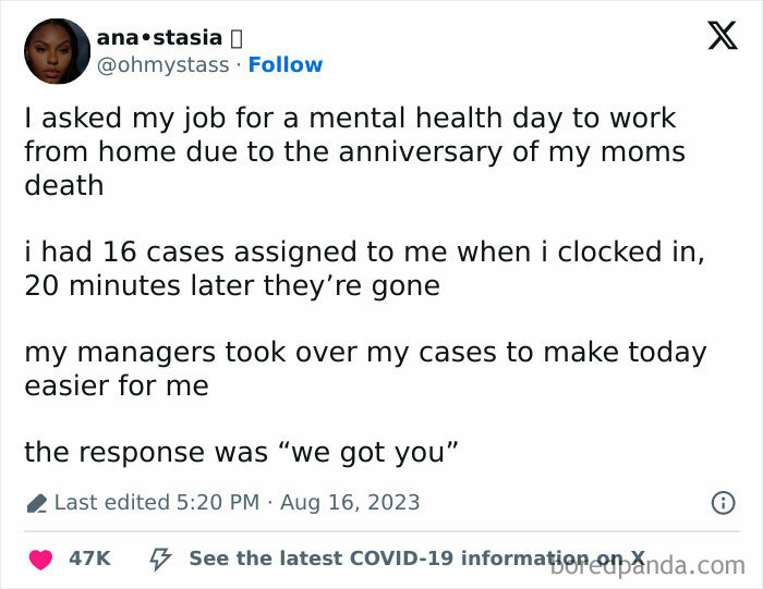 Tweet about Good-Funny-Bosses who support an employee with a mental health day, taking over their cases.