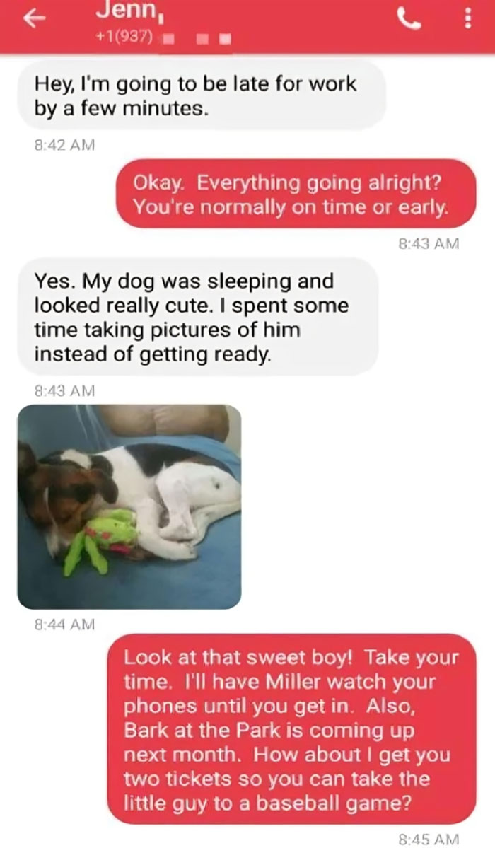 Text conversation with a funny boss about being late due to a cute dog.