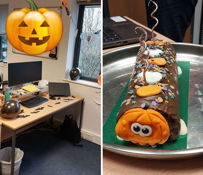 Decorated office desk and cake with Halloween theme, showcasing good-funny-bosses' creativity.