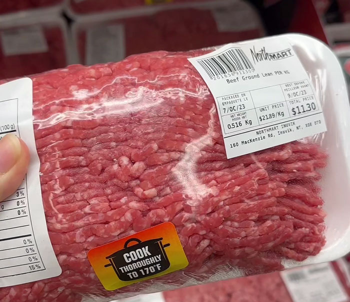 Packaged ground beef showing high grocery prices in the Arctic at $21.89 per kg.