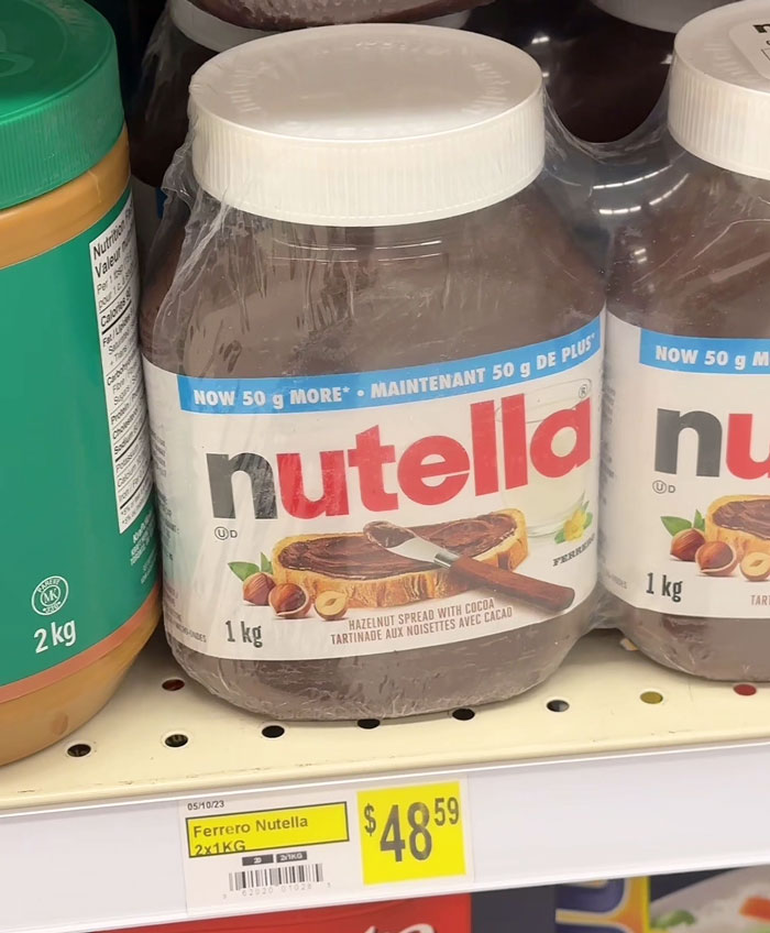 Nutella jars on a shelf with a price tag of $48.59, highlighting expensive grocery costs in the Arctic.