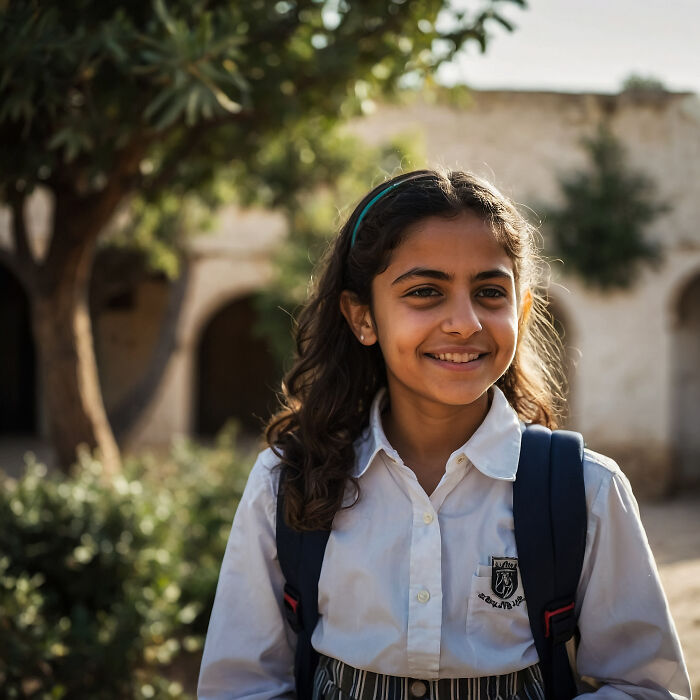 Young girl smiling with a backpack, standing outdoors, experiencing an astonishing coincidence.