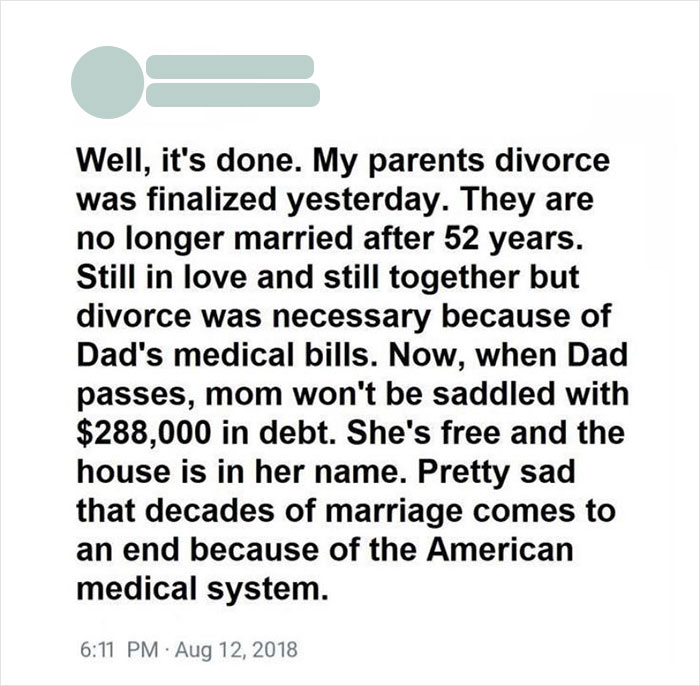 Text discussing divorce after 52 years due to medical bills, highlighting challenges faced by today's lost generation.