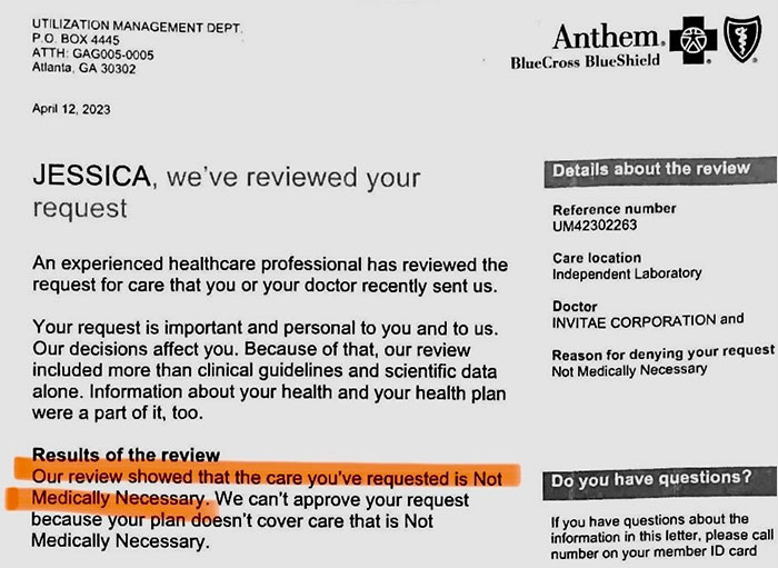 Denial letter for insurance claim from UnitedHealthcare CEO stating care is not medically necessary.