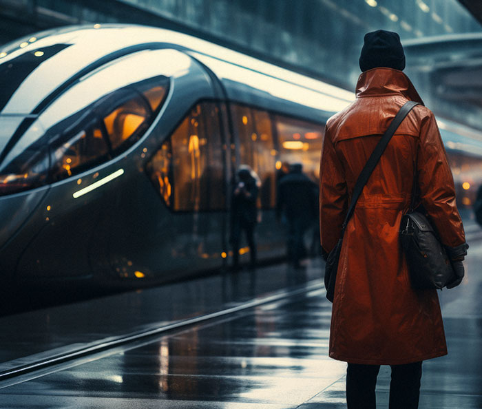 Person in a red coat at a futuristic train station, representing rapid London-New York travel concept by Elon Musk.