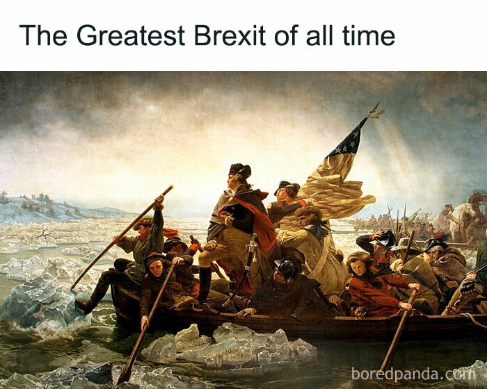 Historical meme depicting a famous painting with the caption "The Greatest Brexit of all time," humorously reimagining history.