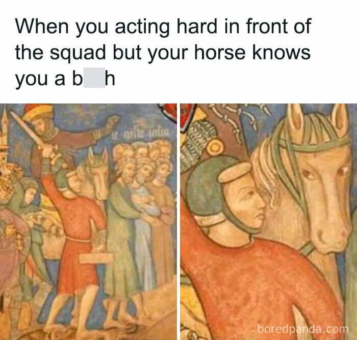 Medieval painting meme humorously depicts historical scene with a horse and rider, showcasing funny history memes.