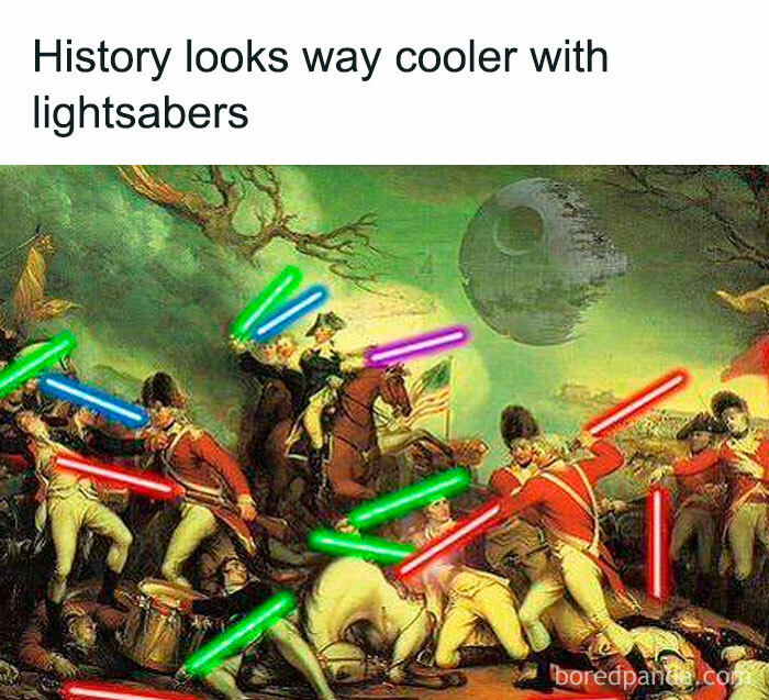 Historical painting with soldiers wielding colorful lightsabers, adding a humorous twist to history.