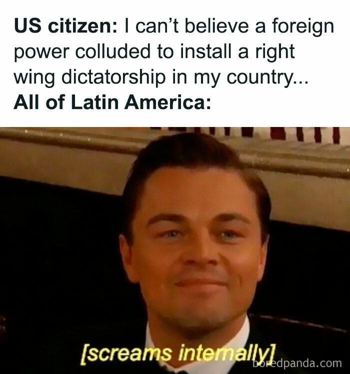 Man smirking with text about foreign interference, representing history memes humor.