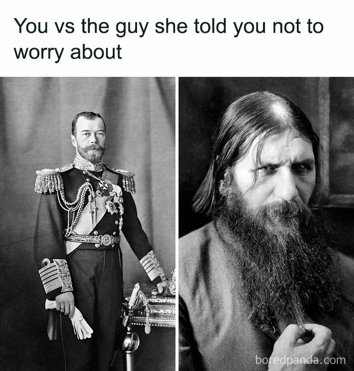 Historical meme comparing two men, one in formal attire and the other with long hair and a beard, humorously captioned.