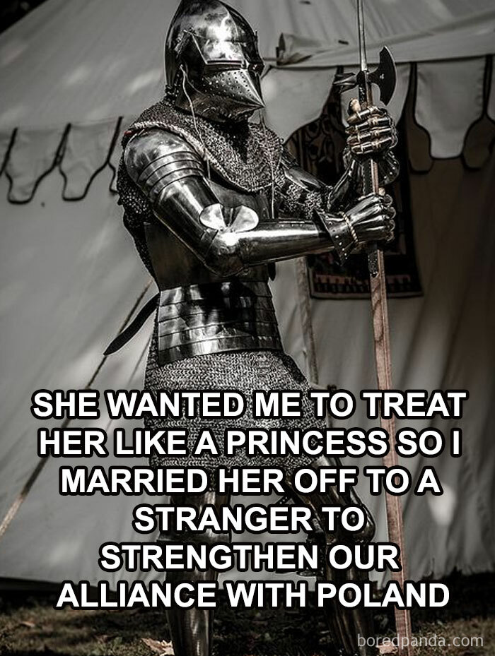 Knight in armor holding a spear, illustrating a humorous history meme.