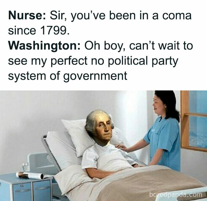 History meme with George Washington in a hospital bed, reacting humorously about political parties after waking from a coma.