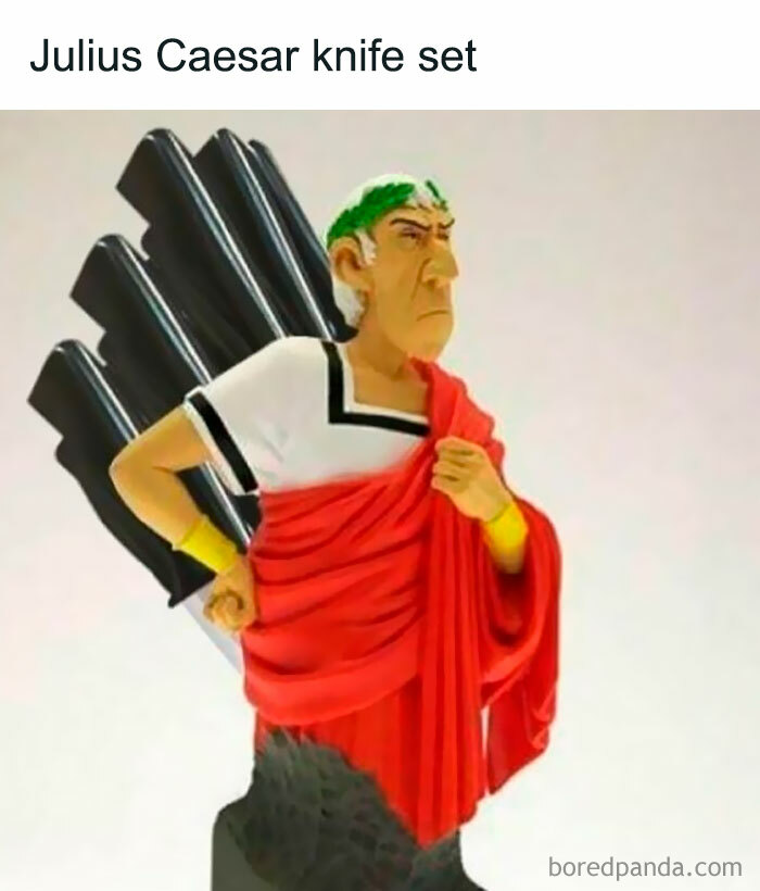 Julius Caesar-themed knife set shaped like a statue with knives as his back.