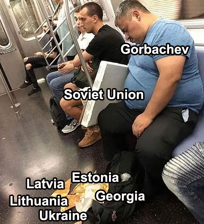 A humorous history meme depicting Soviet Union countries labeled on items and people in a subway setting.