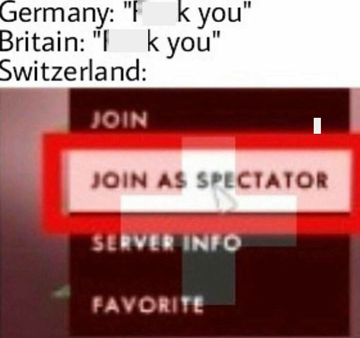 Funny history meme comparing Germany, Britain, and Switzerland with a "Join as Spectator" option.