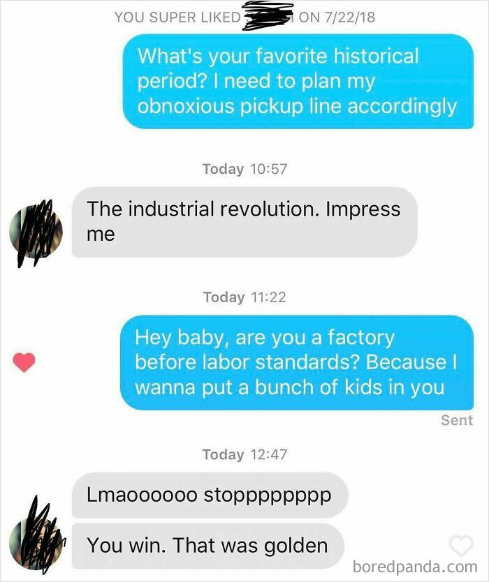 Funny meme about history with a humorous exchange referencing the Industrial Revolution in a dating app conversation.