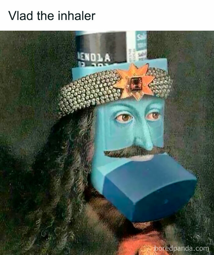 Vlad the Inhaler meme, featuring historical figure with an inhaler face, combining history and humor.