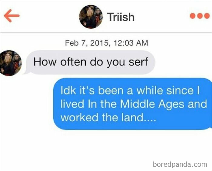 Text message meme joking about serfdom in the Middle Ages.