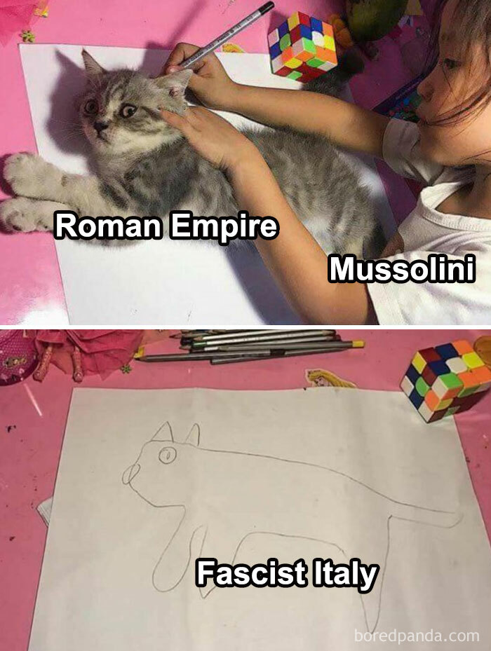 Child drawing a cat labeled "Roman Empire"; drawing labeled "Fascist Italy," highlighting funny history meme.