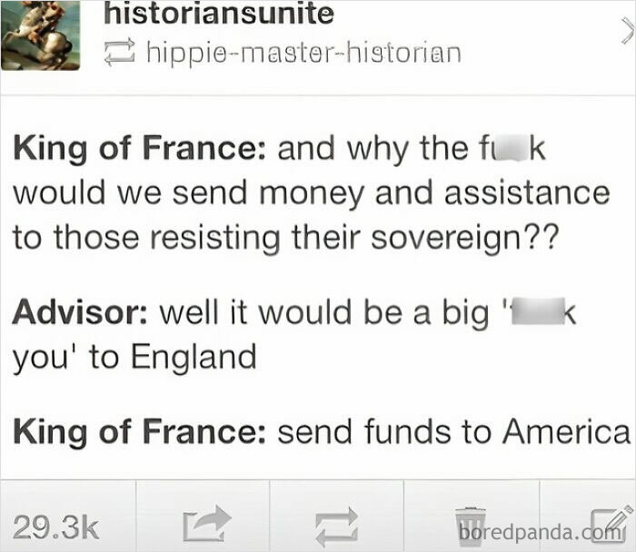 Historical meme humorously depicting France's decision to fund America against England.