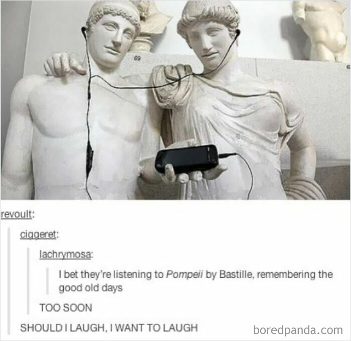 Statues with earphones sharing a smartphone, humorously depicting a scene with historical memes.